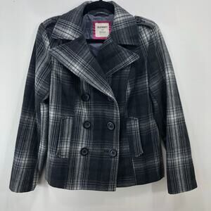 Old Navy Women’s Pea Coat Gray Black Plaid Wool Blend Jacket Double Breasted M